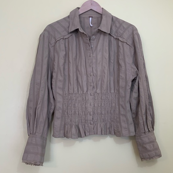 Free People | Neutral Tan Button Down Pleated Smocked Collared Poet Blouse Top S - Picture 1 of 17